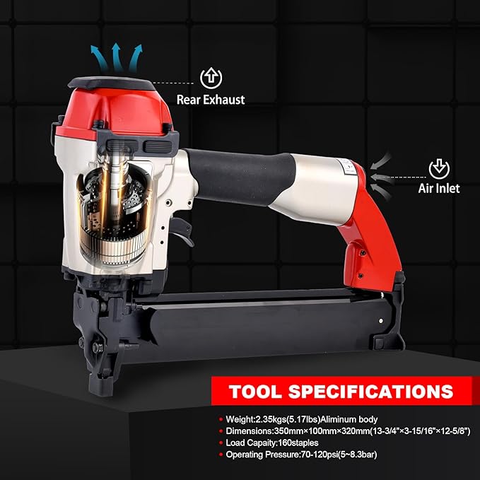Crown Stapler, 16 Gauge 7/16-inch Pneumatic Medium Air Staple Gun for Fence Vinyl Siding Furniture Wood Pallets Crate Assembly Cabinets Framework