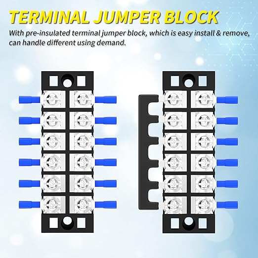 Joinfworld 35A Terminal Block 6 Position Screw Terminal Strip Dual Row with Cover & 6 Position Pre-Insulated Terminal Jumper Block - 2 Pack