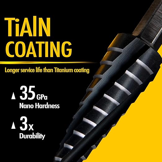 Four Spiral Flute Cobalt Step Drill Bit, 1/8" - 1/2" M35 TiAlN Coating Impact Ready Unibit Step Drill Bit, 1/4" Hex Shank Step Bit for Metal, Stainless Steel, Aluminum, Plastic