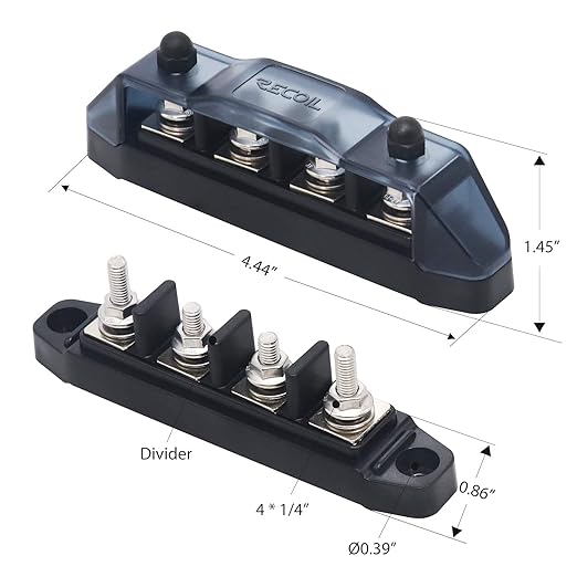 Recoil BBSPG4 Discrete 4 Position Barrier Strip Bus Bar 4 x M5 Studs Terminals Power Distribution Block Busbar with Ring Terminals