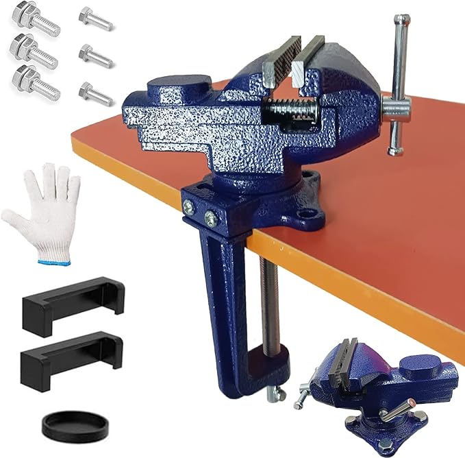2-in-1 Dual-Purpose Combined Bench Vise or Table Vise, With end-point locking device, Portable Universal Rotate 360° Work Clamp-On Vise, 3.0" Blue