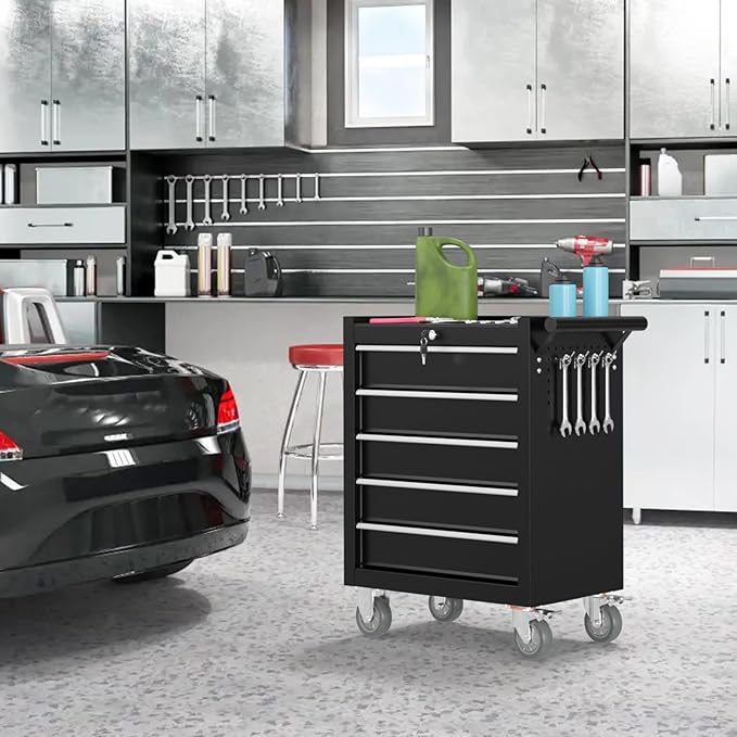 5 Drawers Metal Rolling Tool Chest, Portable Storage Tool Box with Wheels, Toolbox with Lock for Warehouse, Garage, Repair Shop and Tool Room