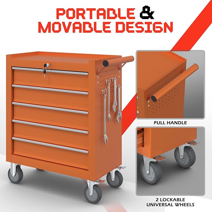 5-Drawer Rolling Tool Box, Metal Tool Chest with Wheels and Locking, Portable for Warehouse, Garage, Repair Shop, Workshop (Orange, 5-Drawer)