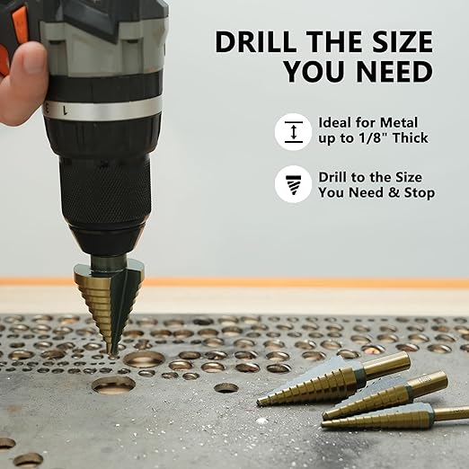 Step Drill Bit Set - Black and Gold, 6 Pcs High Speed Steel Unibit Drill Bits, Stepped Up Bits & Automatic Center Punch, DIY Lovers with Aluminum Case, Total 50 Sizes for Metal