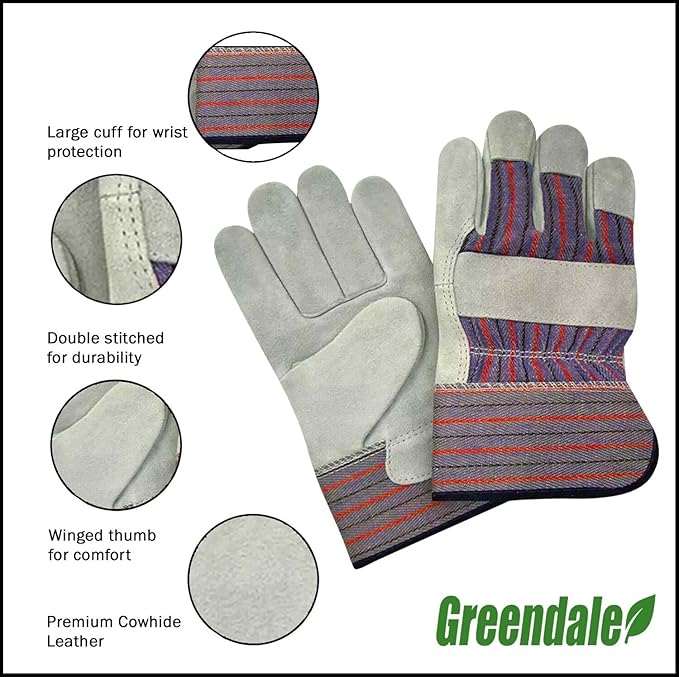 Greendale (3, 6 or 12 Pack - Leather & Cotton Work Gloves: Garage, Yard, Garden, Industrial, Commercial - One Size Fits Most