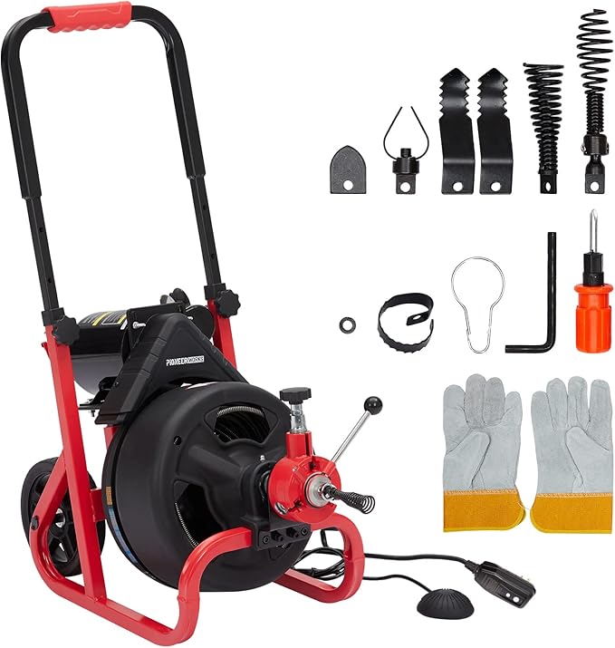 PIONEERWORKS 100Ft x 3/8In Drain Cleaner Machine, Auto-feed Professional 6.8A Electric Drain Auger, Air-Activated Foot Switch, w/ 6 Cutters, Gloves, Drain Auger Cleaner Sewer Snake