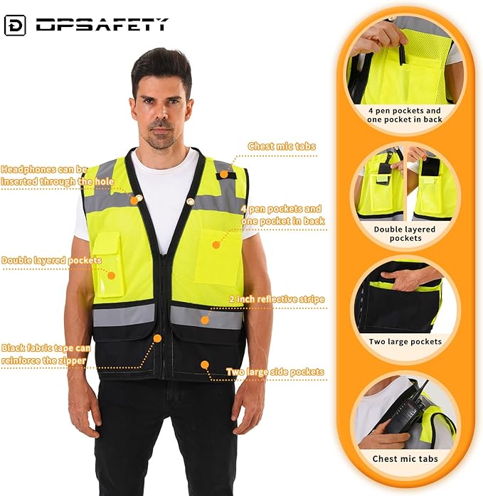 Reflective Safety vest With back plan pocket,High visibility Class 2 Heavy Duty Surveyor Vest with Zipper,Hi Vis Construction Work Vest for Men＆Women ANSI/ISEA(Yellow-Bottom,3XL)