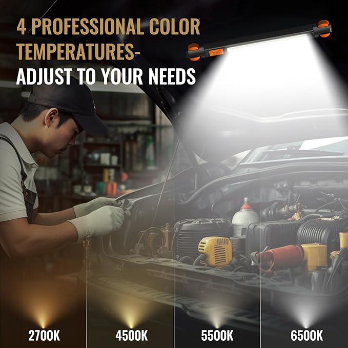 Magnetic Rechargeable Underhood Work Light for Mechanic, 7800mAh 12H, IP65 Waterproof, 360° Rotating, 4 Modes (2700K-6500K), USB-C Fast Charge, for Car Repairing/Garage/Emergency