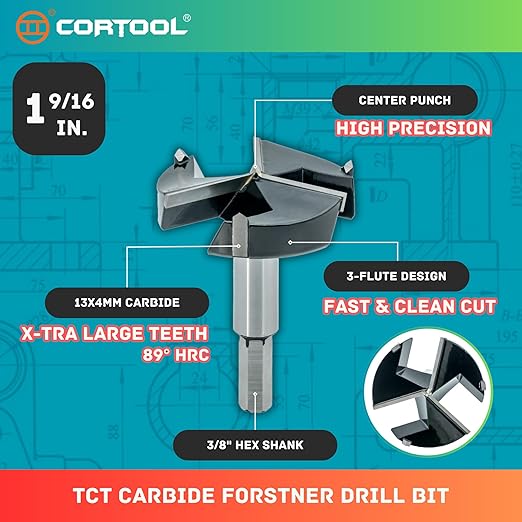 Forstner Drill Bit 1-9/16 Inch, Triple-Flute Carbide Tipped Forstner Bit for Hard Wood, Soft Wood, Veneered Plywood, Plastic, Drilling Hole Saw Woodworking Hinge Cutter Tool