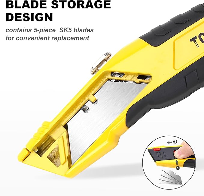 TOPLINE Heavy Duty Auto-Loading Utility Knife, Safety Box Cutter Knife for Quick Blade Change, Box Cutter Retractable with Blade Storage, 5-Piece SK5 Blades Included