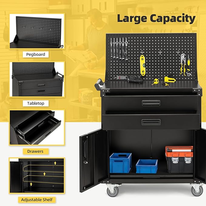 52'' Work Bench for Garage with Pegboard Drawers and Cabinets Heavy Duty Metal Frame Tool Bench for Shop Kitchen Cabinets Organizer Work Table with Wheels