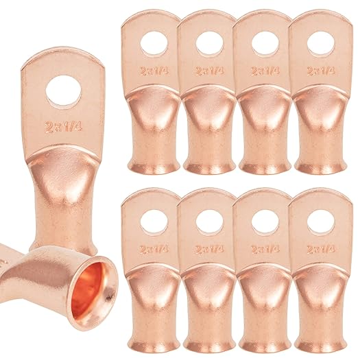 10 PCS 2AWG - 1/4''Stud Heavy Duty Copper Terminals,Battery Cable Crimp Lugs,Battery Cable Ends, Bare Copper Eyelets Tubular Ring Terminals,Closed End Crimp Electric Connectors