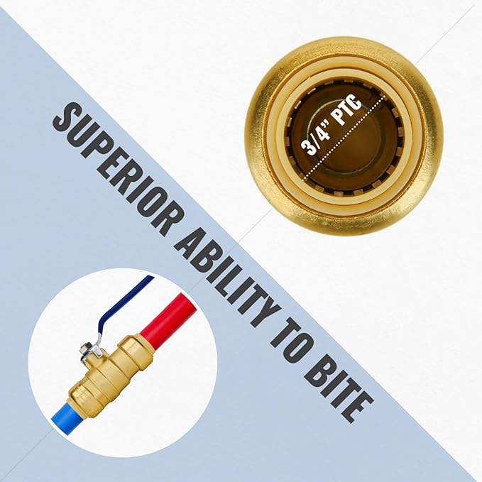 Shut Off Ball Valve 3/4 Inch, SUNGATOR 3/4 Inch Ball Valve, Push-to-Connect Water Shutoff with Blule Handle, No Lead Brass Plumbing Fittings for PEX Pipe, Copper,CPVC, Pack of 2