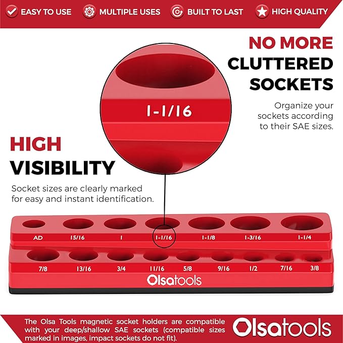 Olsa Tools Magnetic Socket Organizer | 1/2-inch Drive | SAE | RED | Holds 16 Sockets | Professional Quality Tools Organizer