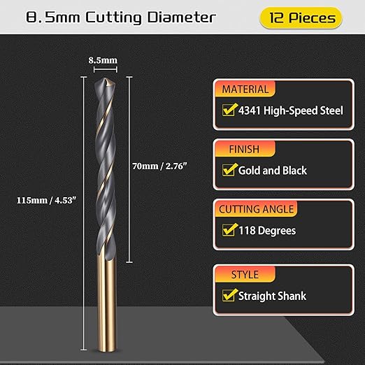 Drill Bit, 8.5mm Cutting Diameter, 4341 HSS Cutting Angle Number Jobber Bits - (Applications: for Drilling Soft Metal Plastic Wood), 12-Pieces