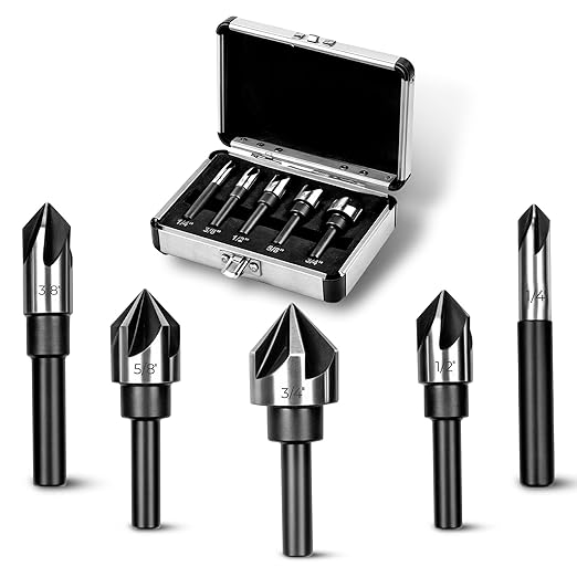 Countersink Drill Bit Set, Countersink Bit, HSS4241 Counter Sink, 82 Degree Countersink 1/4'' 3/8'' 1/2'' 5/8'' 3/4'', 5 Flute Pcs for Wood, Plywood, Plastic, Mild Steel with Aluminum Case