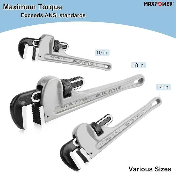 MAXPOWER 14-Inch Pipe Wrench, 40% Lighter Aluminum Plumbing Wrench, Heavy Duty Straight Pipe Wrenches Jaw Max Capacity 2 inch