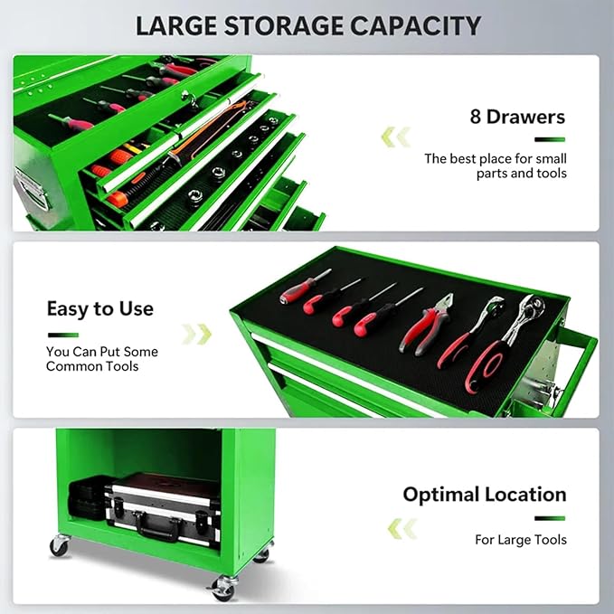 8 Drawers Rolling Tool Chest - Tool Box Organizer with Wheels and Drawers, Detachable Storage Cabinet with Lock for Garage Workshop, Green