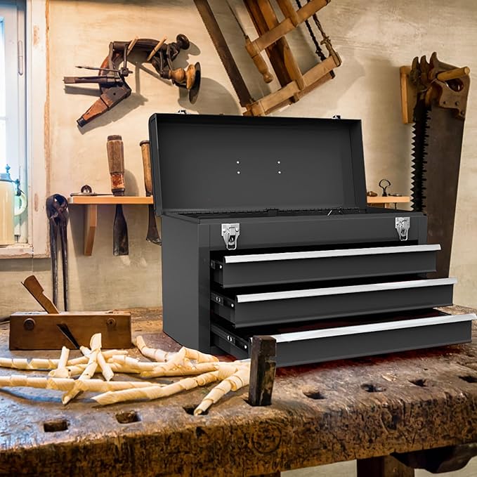 Goplus Tool Box with 3 Drawers, 4-Tier 20" Portable Tool Chest Organizer with Top Tool Tray, Auto Lock, Protective Liner, Handle, Steel Metal Small Toolbox for Gargae, Workshop, Home
