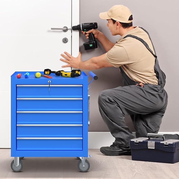 5-Drawer Rolling Tool Chest With Wheels and Locking System - Portable Metal Box for Warehouse, Garage, Repair Shop, Workshop (Blue)