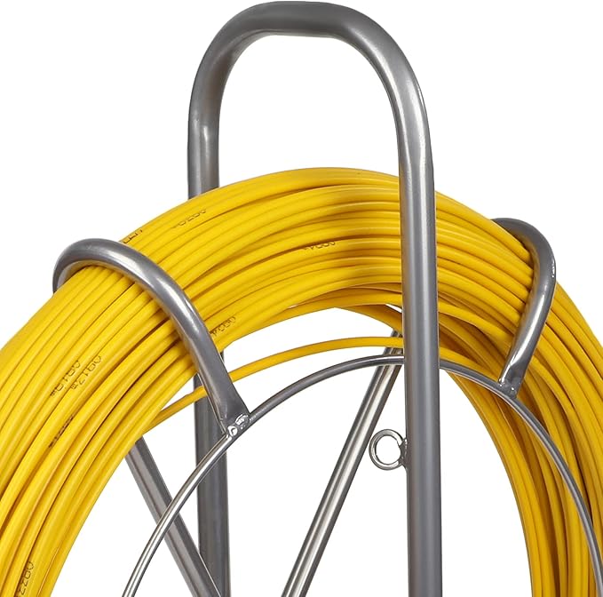 Fish Tape Fiberglass 6MM 425FT Fishing Wire Duct Rodder Cable Puller Running Electrical Fishtape Rod with Steel Wheel Stand Reel through Wall Pipe