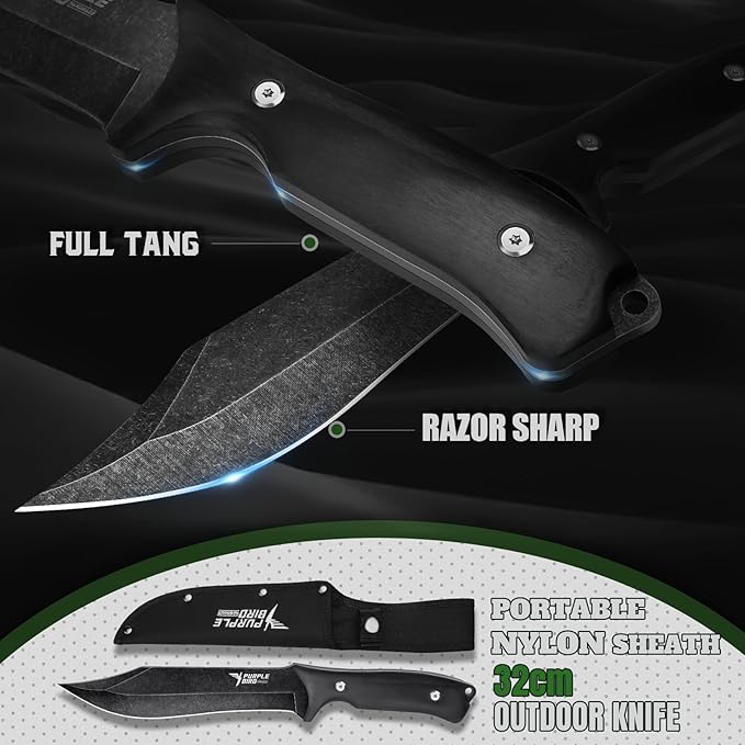 PURPLEBIRD Survival Axe and Fixed Blade Knife Set, Full-Tang Camping Hatchet & Hunting Knife with Leather Sheath, Lightweight Wood Handle Gift Ready