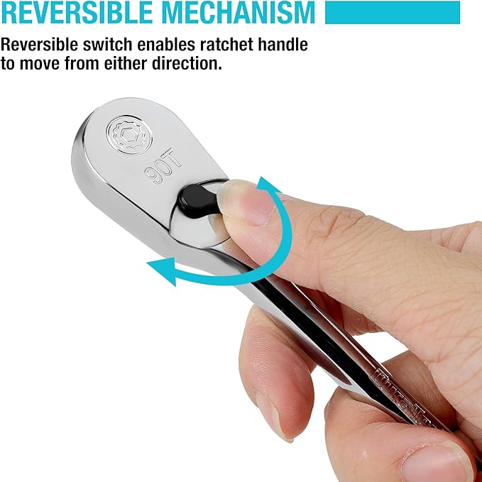 DURATECH Extra Long Handle 1/4-Inch Drive Ratchet, 90-Tooth Ratchet Wrench with 8" Handle and Dust Proof Teardrop Enclosed Head, Reversible, CR-V Steel Made, CR-MO Head, Full Polished, Gifts for Men