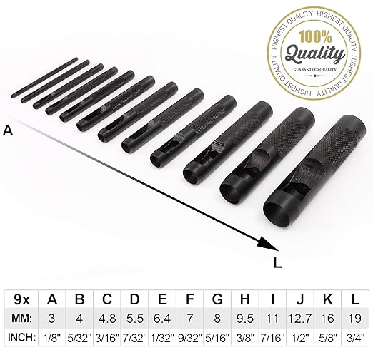 Spurtar Hollow Punch Set 12 Pieces 1/8"- 3/4" Heavy Duty Carbon Steel Round Leather Hole Tool Leather Punch Set Kit for Watch Cloth Belt Gaskets with Storage Bag (Black)