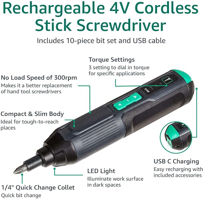 Amazon Basics by SKIL 4V Cordless Stick Screwdriver with 10-Piece Bit Set and USB Cable(Previously Denali brand)