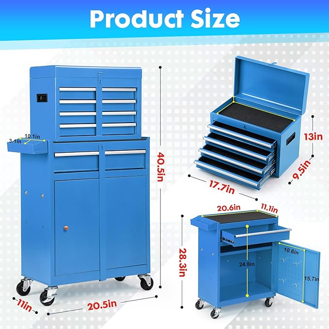 Rolling Tool Chest - 5 Drawers Tool Box Organizer with Lockable Wheels, Sliding Drawers, Detachable Top Tool Box - Tool Storage Cabinet for Garage Workshop, Blue