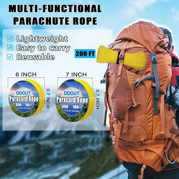 Paracord Nylon Rope Yellow 50ft with 7-Strand Core, 10 Colors and 50/100/200 ft, Type III Parachute Cord 4mm for Camping, Survival, Hiking, DIY, Crafting, Outdoor Utility Rope