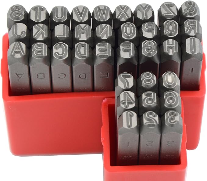 36pcs Heavy Duty Steel Stamp Uppercase Letters and Number 1/4" 6mm Hand Stamping Character Mark Code Alphabet Punch Kit for Hardware Mold Metal Plate Leather Tag Keys Golf