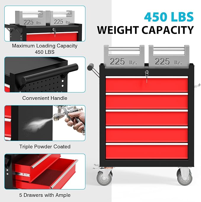5 Drawers Rolling Tool Chest, Portable Storage Tool Box with Wheels, Rolling Tool Box with Lock for Warehouse, Garage, Repair Shop and Tool Room