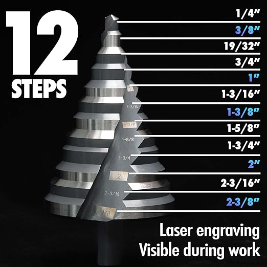 1/4 to 2-3/8 Inch HSS Step Drill Bit for Metal Sheet, 12 Sizes Extra Large Drill Stepper Bit for Sheet Aluminium, Plastic, Wood, Heavy Duty, Spiral Grooved