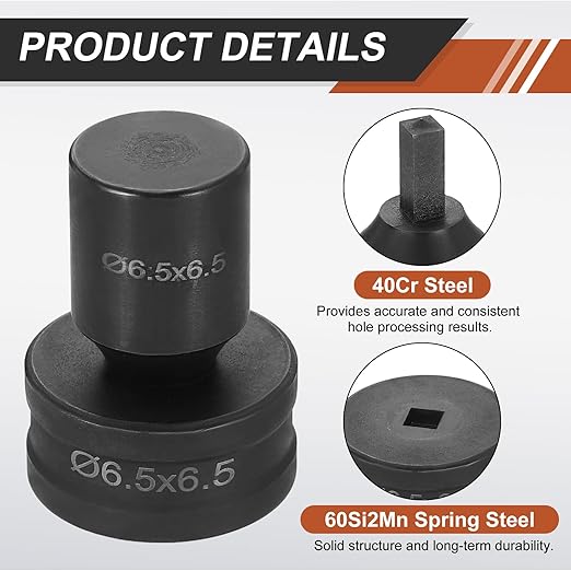 HARFINGTON Hydraulic Hole Punch Die 6.5x6.5mm Square Hole 40Cr Steel Electric Punching Kit for CH70 Electric Punching Machine, Black
