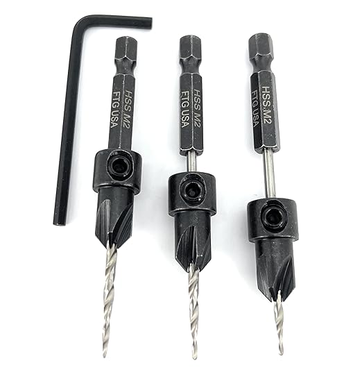 FTG USA Adjustable Wood Countersink Drill Bit Set 3 Pc #4 (7/64"") with Tapered Drill Bits for Woodworking