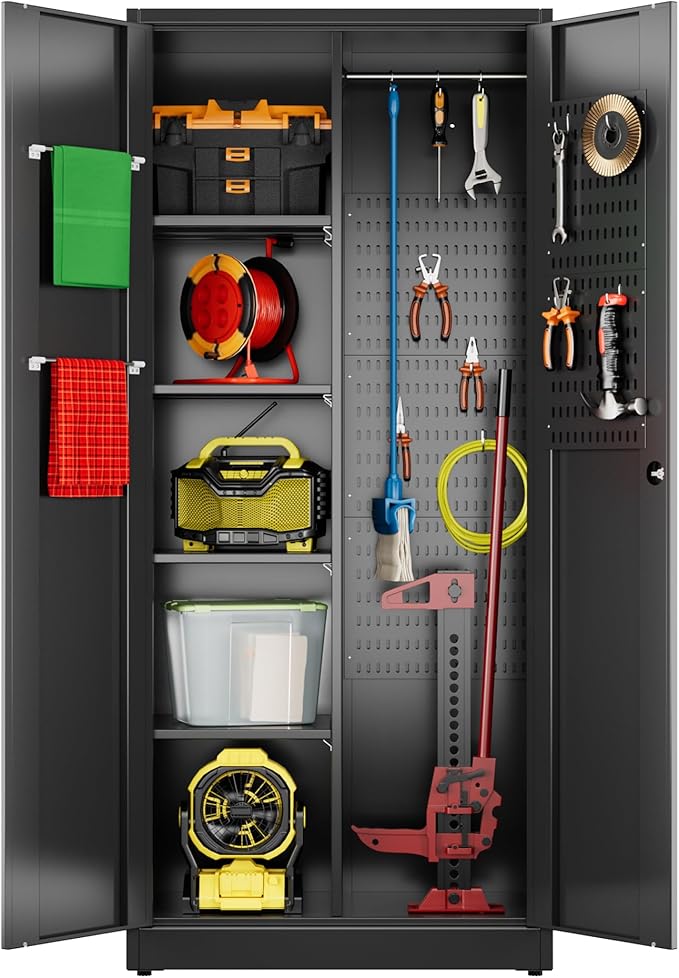 Aobabo Metal Cleaning Tool Storage Cabinet with Lockable Door, 13 Hooks and Towel Racks, Broom Closet Storage Cabinet for Janitorial Supplies, 71.37" H×33.93" W×16.92" D, Assembly Required, Black