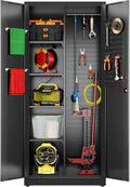 Aobabo Metal Cleaning Tool Storage Cabinet with Lockable Door, 13 Hooks and Towel Racks, Broom Closet Storage Cabinet for Janitorial Supplies, 71.41" H×31.53" W×15.74" D, Assembly Required, Black