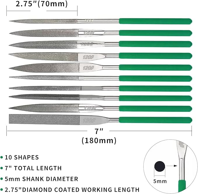 Diamond Files Set,10PCS Precision Needle File Set,Super Hard Black Nickel Coated Alloy File,Diamond Coated Files for Filing Metal,Ceramic,Stone,Jewelry,Glass.120 Grit,5×180mm