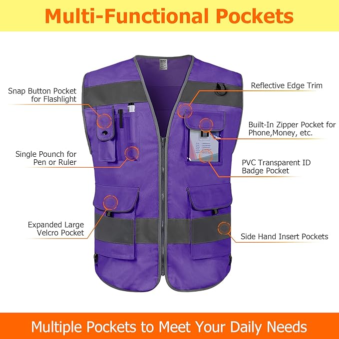 TCCFCCT High Visibility Vest 9 Pockets Hi Vis Reflective Safety Vest for Men Women, Construction Vest with Reinforced Sewing, Durable to Use, Meets ANSI/ISEA Standards, (Purple, Medium)