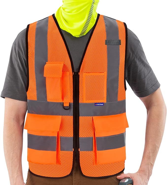 A-SAFETY High Visibility Mesh Safety Reflective Vest with Pockets and Zipper,Hi Vis Viz Reflective Safety Vest(Orange Mesh XXL)