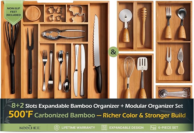 6-Piece Bamboo Drawer Organizer Set, 2.2" Deep | Multi-Use Organizers for Utensils, Silverware, Cutlery, Desk, Bathroom, Junk Drawer & Makeup, Non-Slip Feet Included.