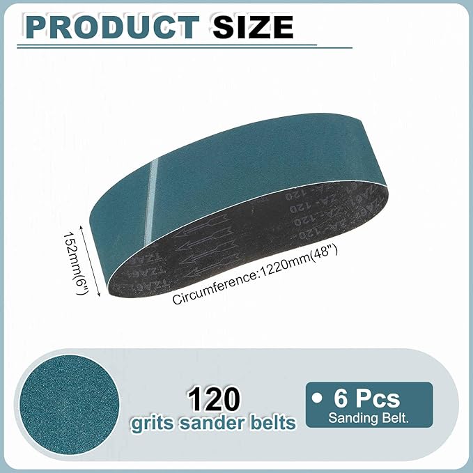 HARFINGTON 6 x 48 Inch Sanding Belts, 6 Pcs 120 Grit Zirconia Abrasive Belt Sander File Belt for Woodworking, Metal Polishing, Knife Sharpener