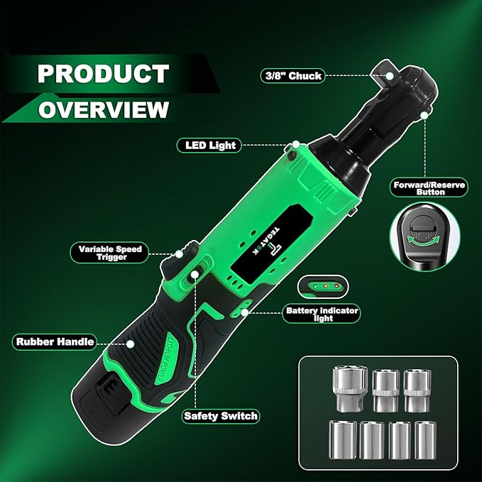 Cordless Electric Ratchet Wrench Set, 40FT-LBS (45N.m) 3/8" Ratchet, 12V Cordless Ratchet Wrench, 2.0Ah Battery Electric Impact for Car Home, Only 1 Battery