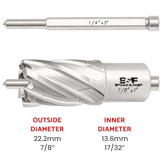 S&F STEAD & FAST Annular Cutter, 7/8" Cutting Diameter x 1" Depth of Cut for Magnetic Drill Press, Mag Drill Bit with Pilot Pin