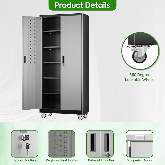 71" Metal Storage Cabinet with Wheels and Pegboard, Lockable Rolling Steel Storage Cabinet with 5 Adjustable Shelves and Door for Garage, Office, Kitchen, Assembly Required,Black and Grey
