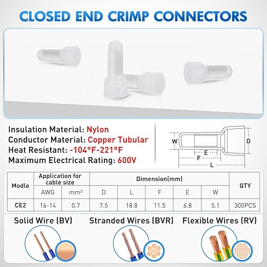 Nilight 300PCS CE2 Closed End Crimp Terminal 16-14 Gauge Nylon Insulated Closed End Wire Cap Wire Connectors Crimp Cap Terminals Connectors for Automotive Car Truck Boats Marine Electrical Wiring