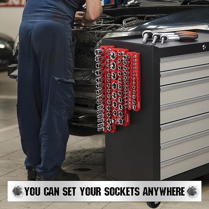 6-Piece 1/4" 3/8" 1/2"-Driver Metric Magnetic Socket Organizer Set (Holds 75 Sockets) - Detachable Tool Tray with 5mm Magnetic Base for Garage/Home(Sockets Not Included)
