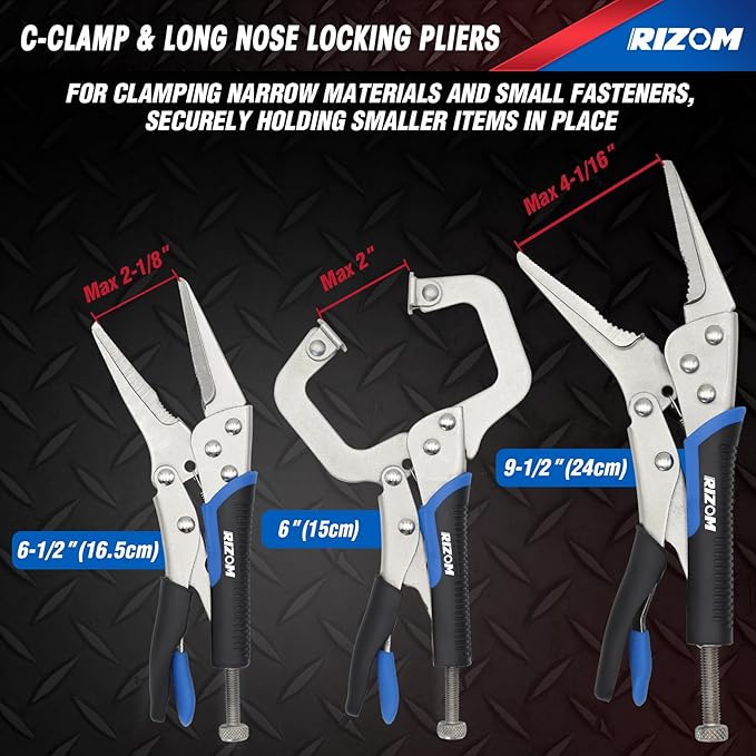 Rizom Vice Grips Pliers Set, 6-Piece Locking Pliers Set, 6-1/2”, 9-1/2” Needle Nose Vice Grips, 5”, 7” and 10” Curved Jaw Vise Grip, 6” C-clamp Locking Pliers, Fast Release with Rolling Pouch