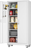 71" Metal Storage Cabinet with Wheels and Pegboard, Lockable Rolling Steel Storage Cabinet with 5 Adjustable Shelves and Door for Garage, Office, Kitchen, Assembly Required,White
